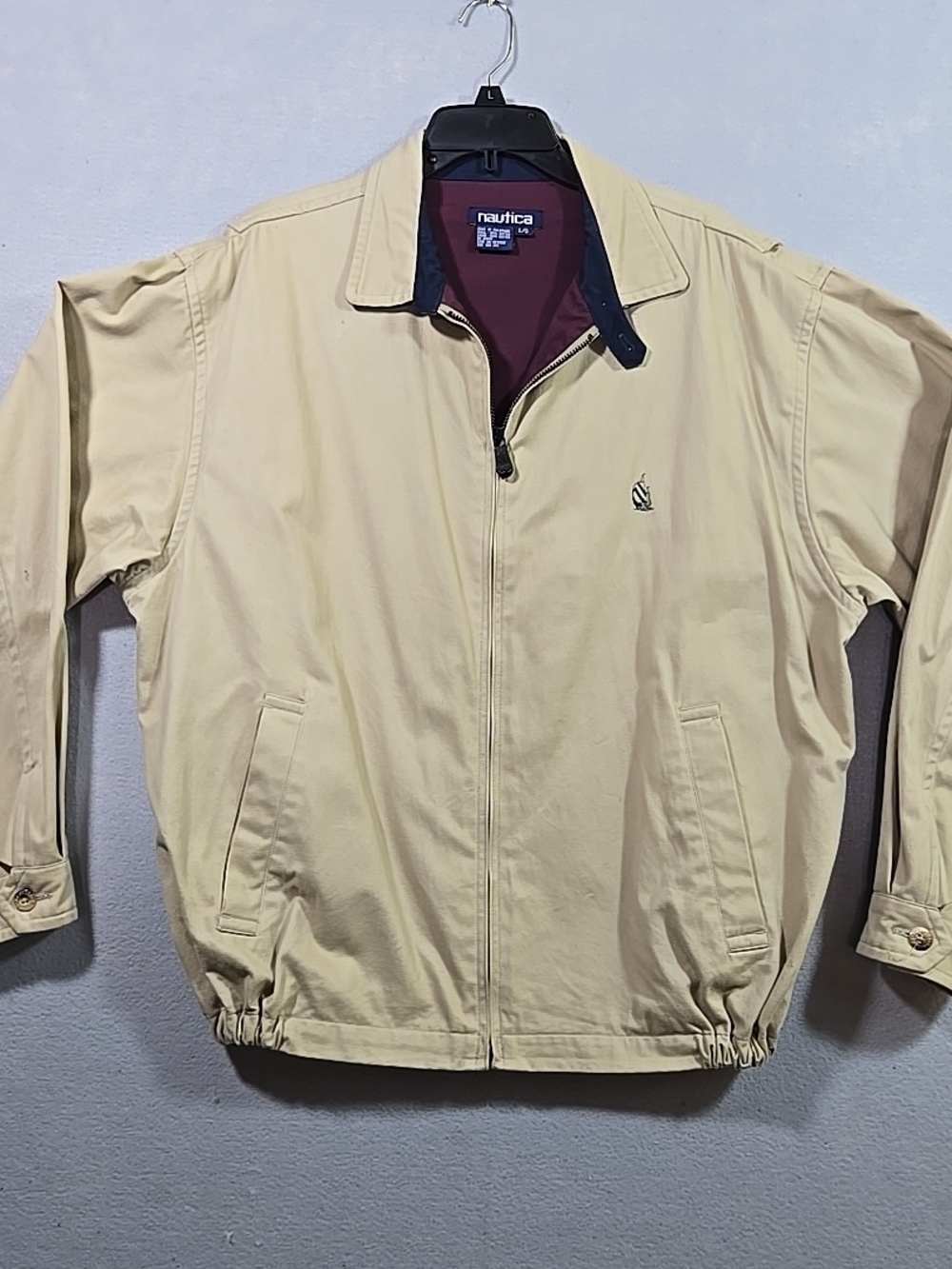 Nautica Men's Light Beige Bomber Jacket with Navy Trim